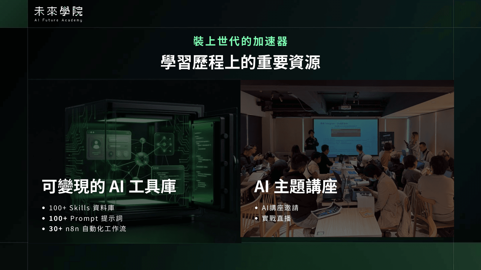 AI 未來學院方案簡報中的工具庫與主題講座