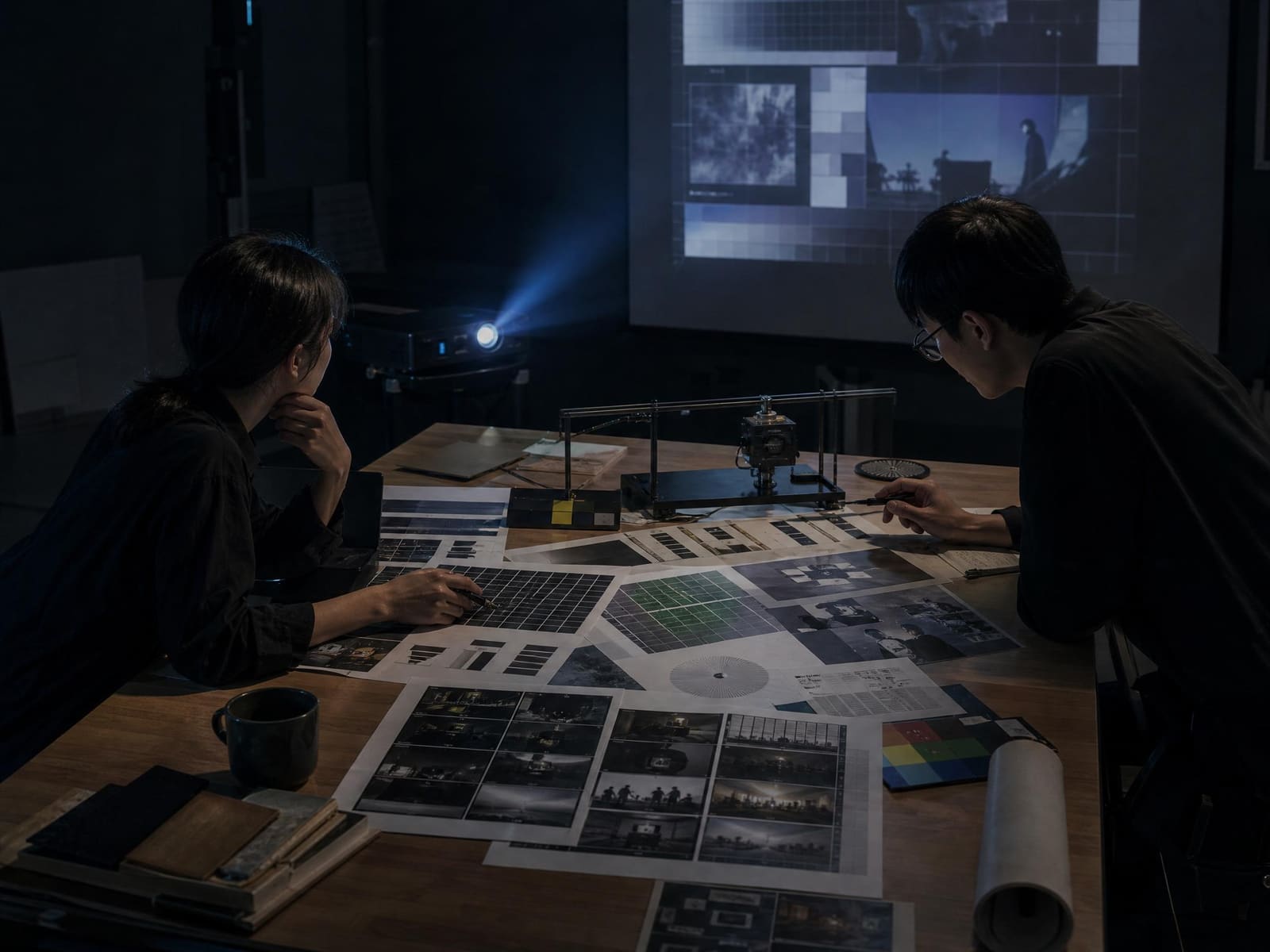 投影工作室裡以像素格、校色卡與課程分鏡驗收品質的建置情境
